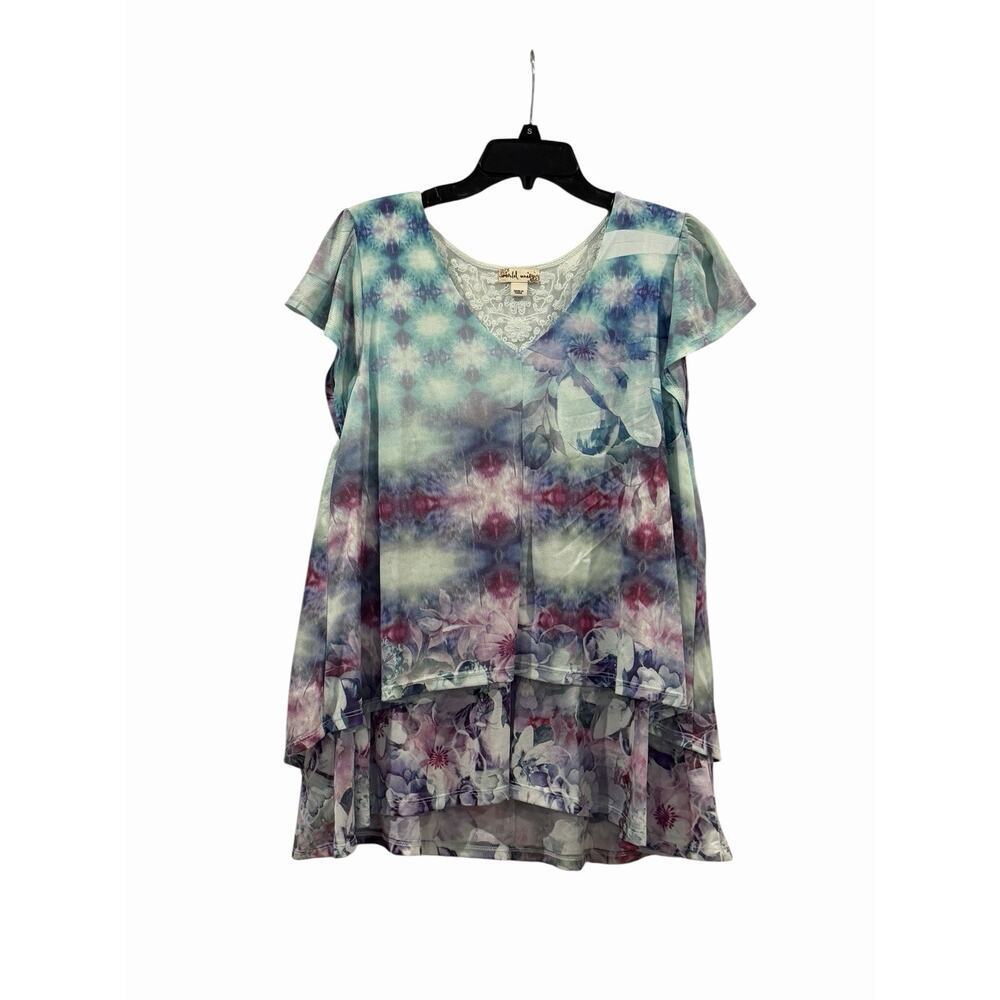 World Unity Watercolor Layered Tunic Top Women’s L Lace Detail Boho